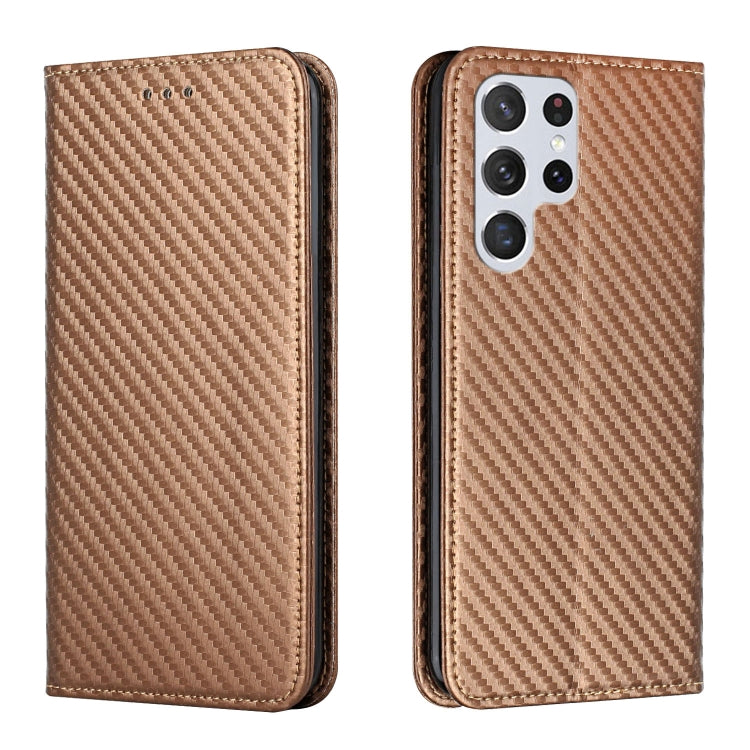 For Samsung Galaxy S22 Ultra 5G Carbon Fiber Texture Flip Holder Leather Phone Case