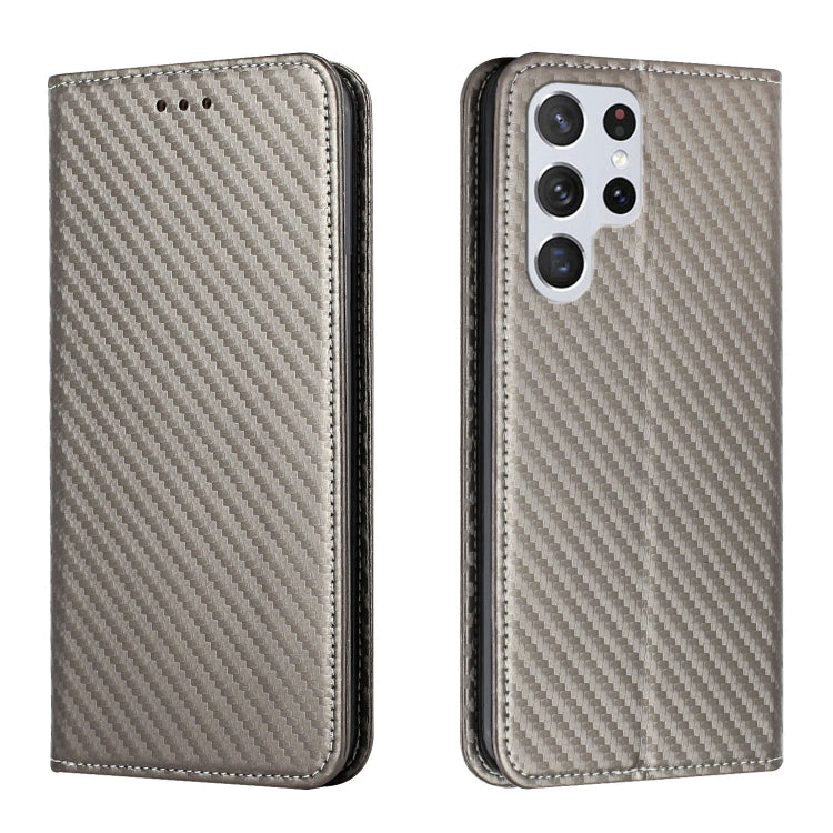 For Samsung Galaxy S22 Ultra 5G Carbon Fiber Texture Flip Holder Leather Phone Case