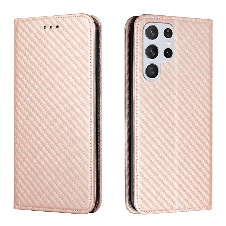 For Samsung Galaxy S22 Ultra 5G Carbon Fiber Texture Flip Holder Leather Phone Case