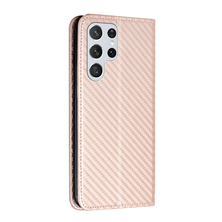 For Samsung Galaxy S22 Ultra 5G Carbon Fiber Texture Flip Holder Leather Phone Case