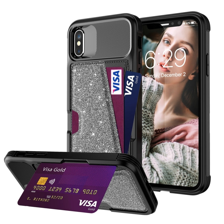 For iPhone X / XS Glitter Magnetic Card Bag Leather Case