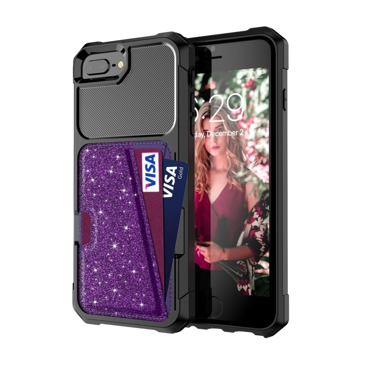 Glitter Magnetic Card Bag Phone Case For iPhone 8 Plus / 7 Plus / 6 Plus(Purple)
