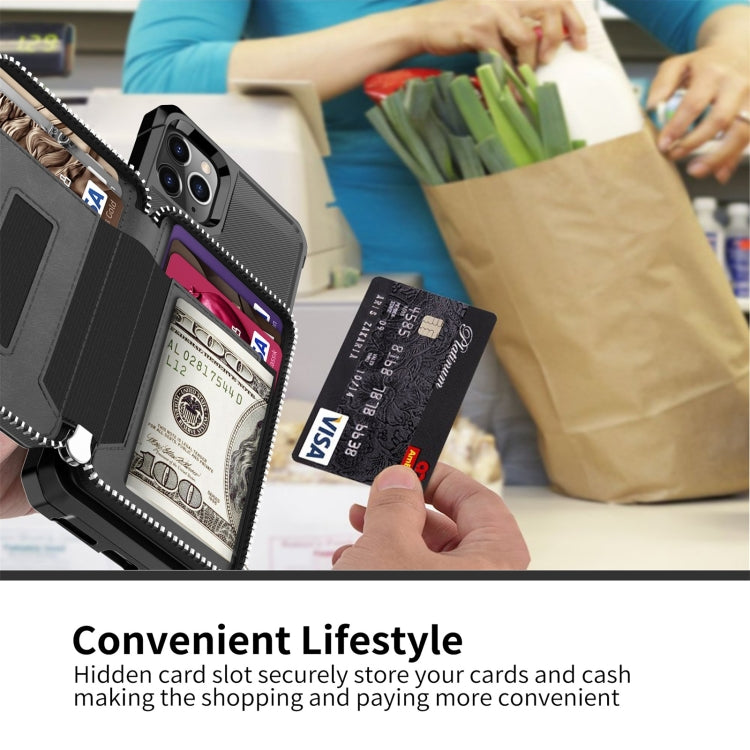 For iPhone 12 / 12 Pro Zipper Wallet Card Bag PU Back Case