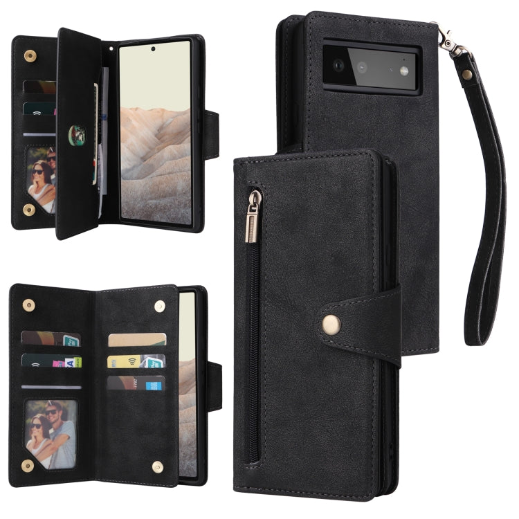 For Google Pixel 6 Rivet Buckle 9 Cards Three Fold Leather Phone Case