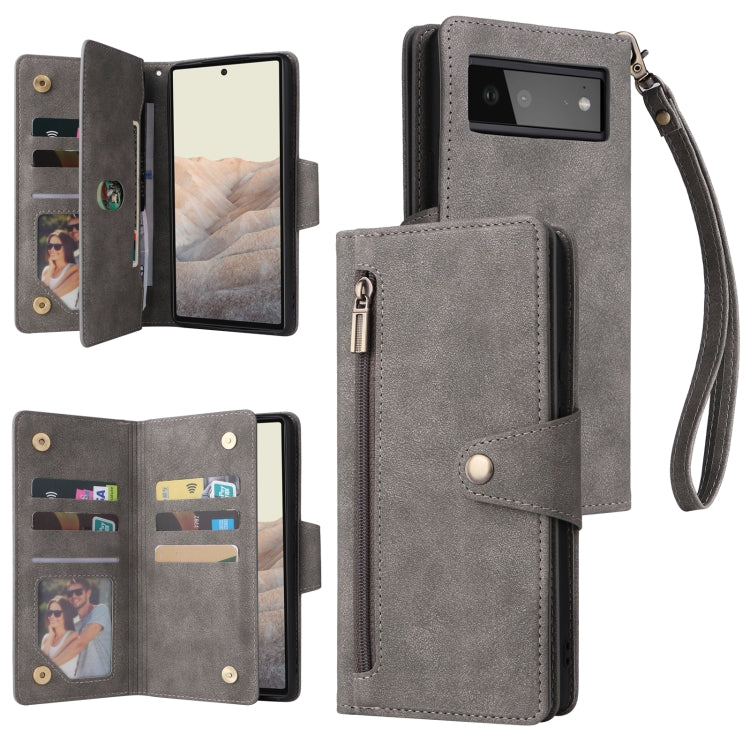 For Google Pixel 6 Rivet Buckle 9 Cards Three Fold Leather Phone Case