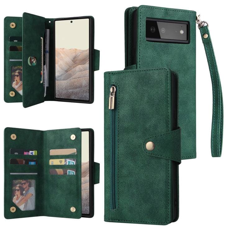 For Google Pixel 6 Rivet Buckle 9 Cards Three Fold Leather Phone Case