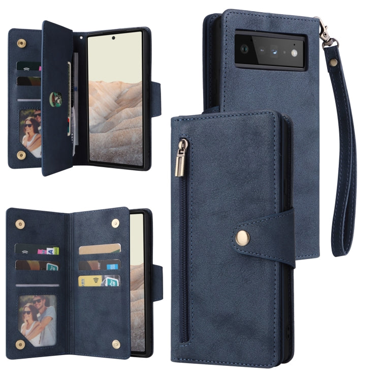 For Google Pixel 6 Pro Rivet Buckle 9 Cards Three Fold Leather Phone Case
