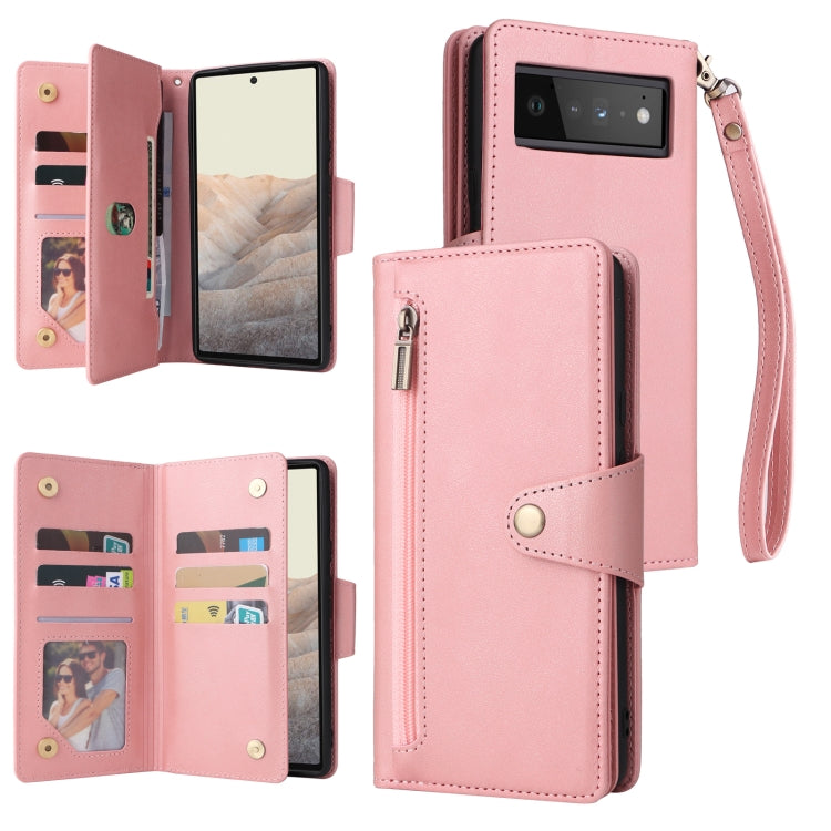 For Google Pixel 6 Pro Rivet Buckle 9 Cards Three Fold Leather Phone Case