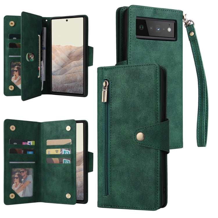 For Google Pixel 6 Pro Rivet Buckle 9 Cards Three Fold Leather Phone Case