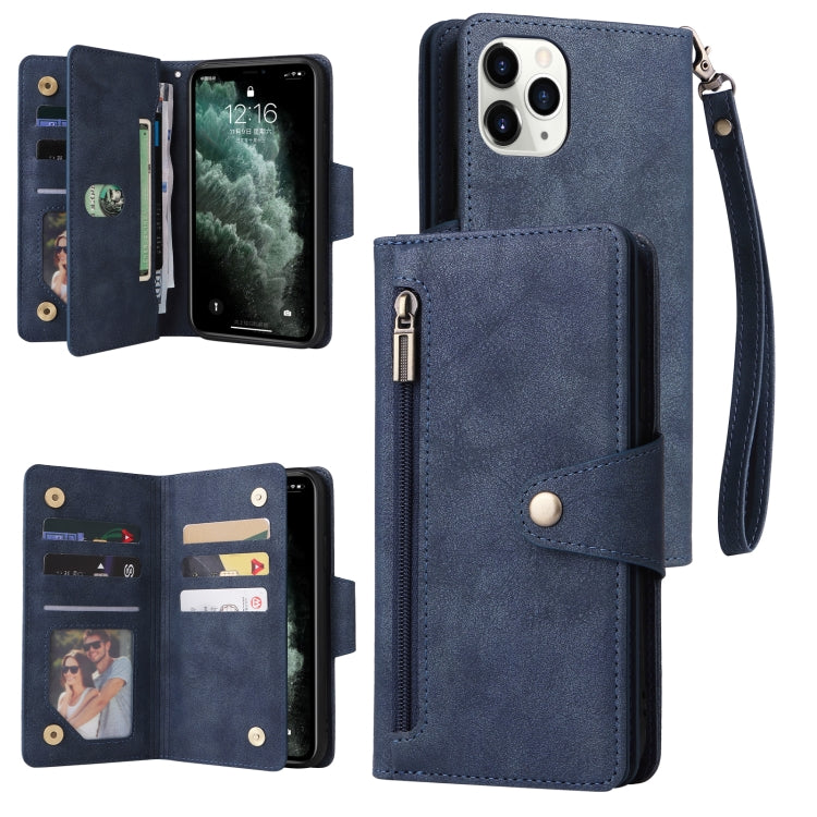 For iPhone 11 Pro Rivet Buckle 9 Cards Three Fold Leather Phone Case