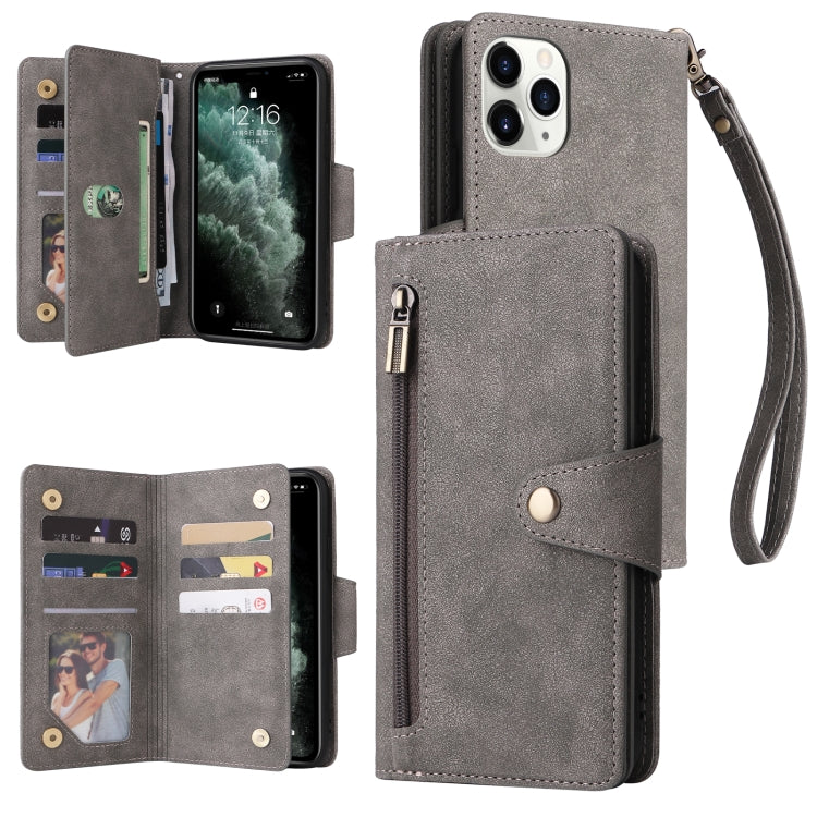 For iPhone 11 Pro Rivet Buckle 9 Cards Three Fold Leather Phone Case