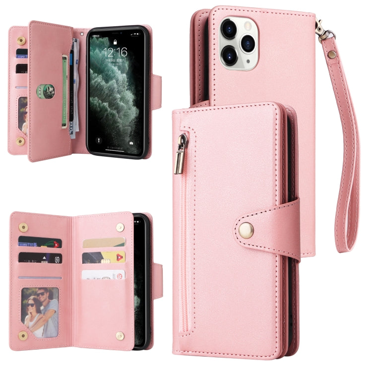 For iPhone 11 Pro Rivet Buckle 9 Cards Three Fold Leather Phone Case
