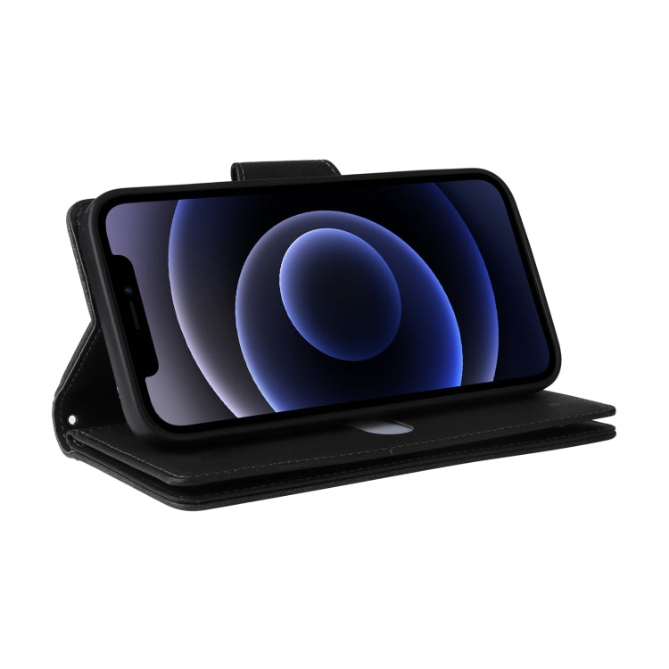 For iPhone 12 Rivet Buckle 9 Cards Three Fold Leather Phone Case