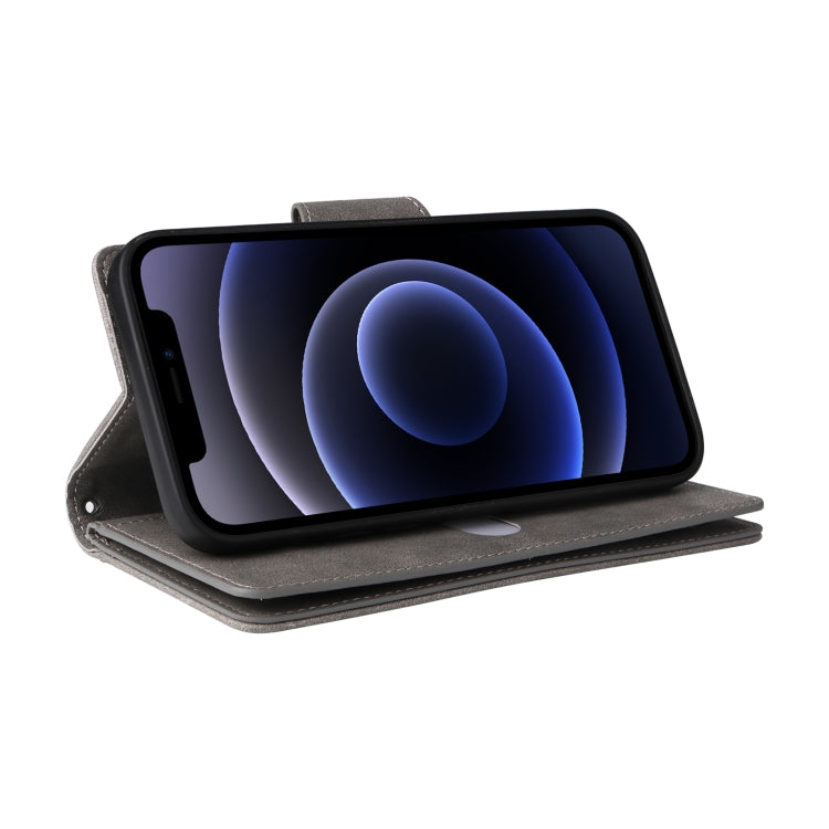 For iPhone 12 Rivet Buckle 9 Cards Three Fold Leather Phone Case