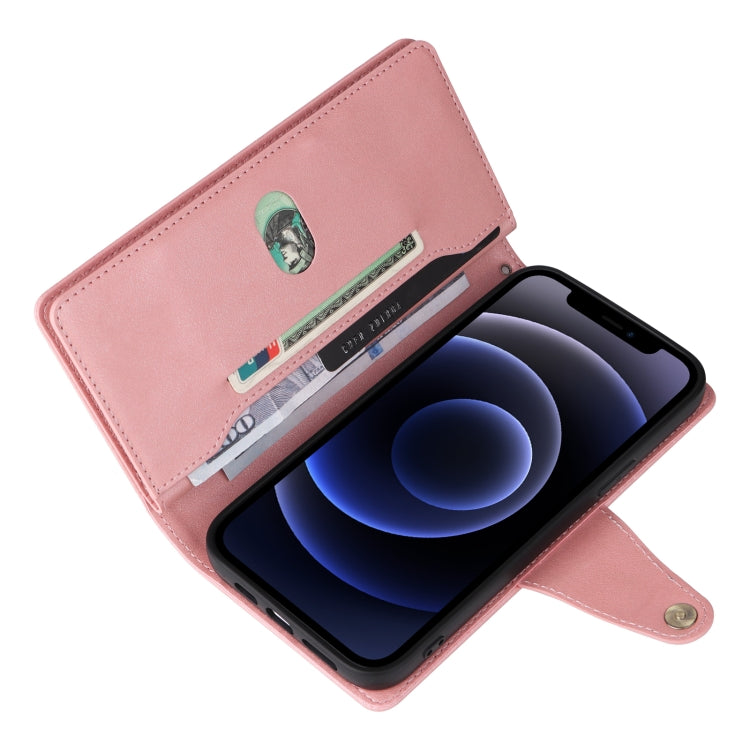 For iPhone 12 Rivet Buckle 9 Cards Three Fold Leather Phone Case