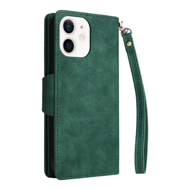 For iPhone 12 Rivet Buckle 9 Cards Three Fold Leather Phone Case