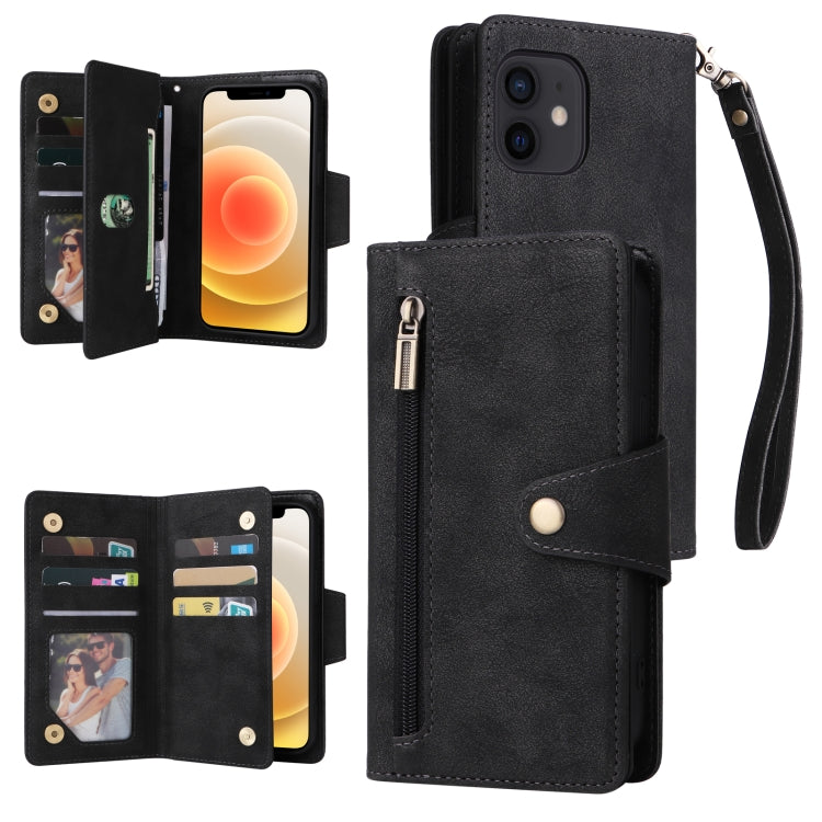 For iPhone 12 mini Rivet Buckle 9 Cards Three Fold Leather Phone Case