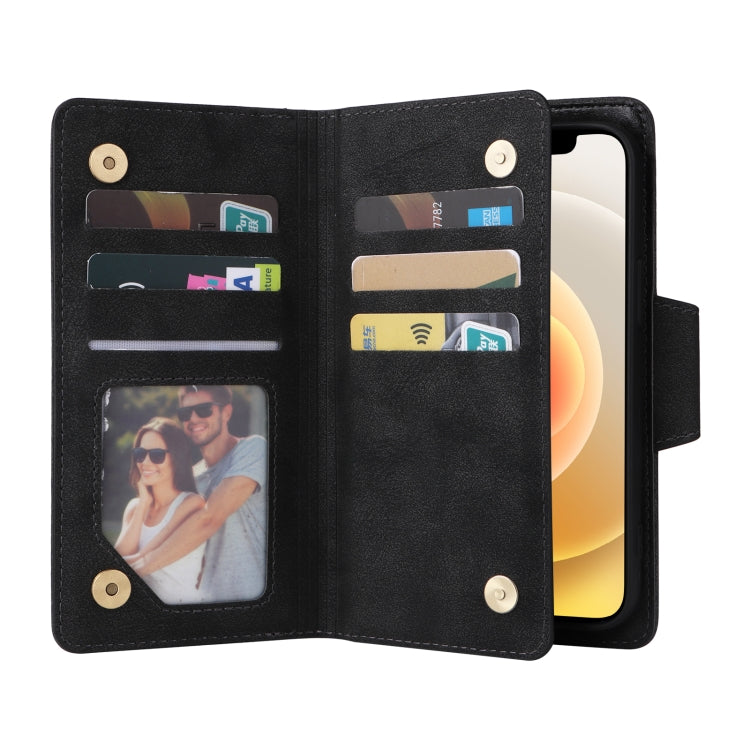 For iPhone 12 mini Rivet Buckle 9 Cards Three Fold Leather Phone Case