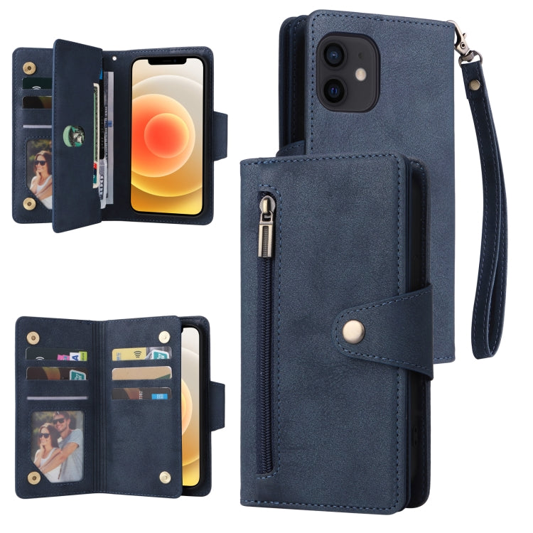 For iPhone 12 mini Rivet Buckle 9 Cards Three Fold Leather Phone Case