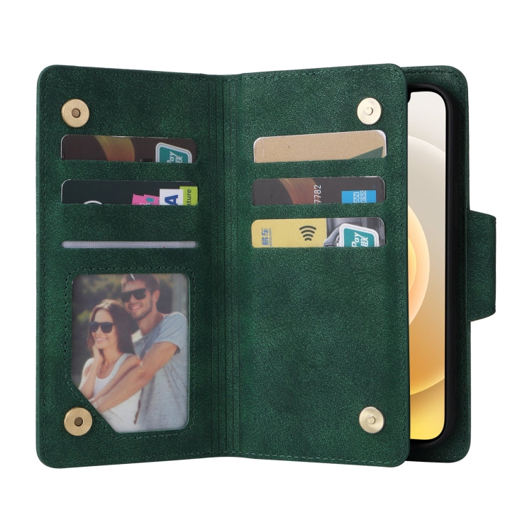 For iPhone 12 mini Rivet Buckle 9 Cards Three Fold Leather Phone Case