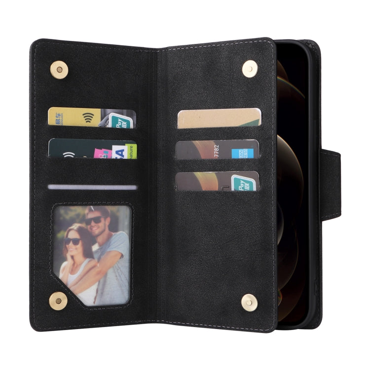 For iPhone 12 Pro Max Rivet Buckle 9 Cards Three Fold Leather Phone Case