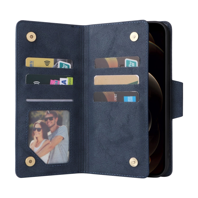 For iPhone 12 Pro Max Rivet Buckle 9 Cards Three Fold Leather Phone Case