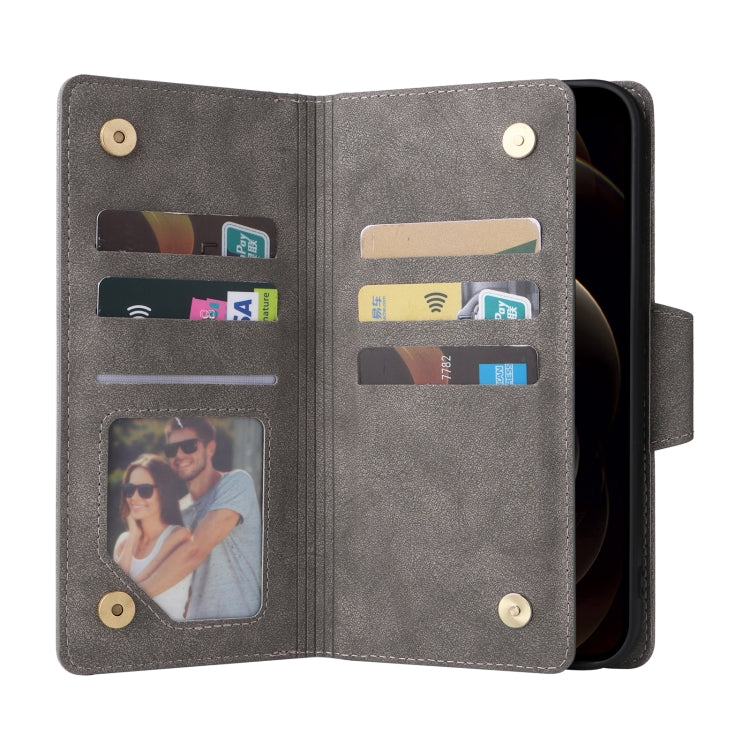 For iPhone 12 Pro Max Rivet Buckle 9 Cards Three Fold Leather Phone Case