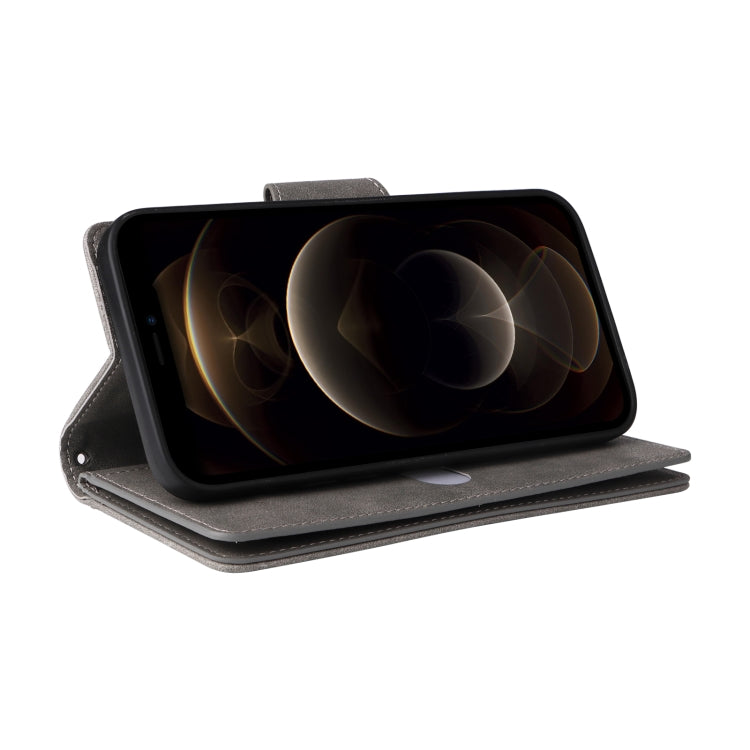 For iPhone 12 Pro Max Rivet Buckle 9 Cards Three Fold Leather Phone Case