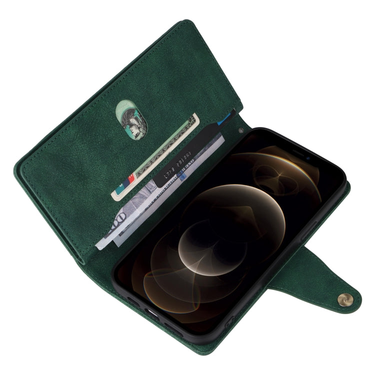 For iPhone 12 Pro Max Rivet Buckle 9 Cards Three Fold Leather Phone Case