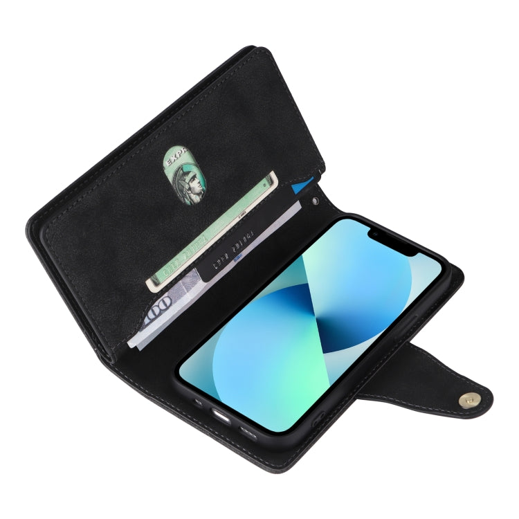 For iPhone 13 mini Rivet Buckle 9 Cards Three Fold Leather Phone Case