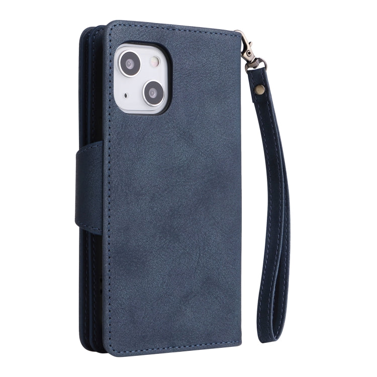 For iPhone 13 mini Rivet Buckle 9 Cards Three Fold Leather Phone Case