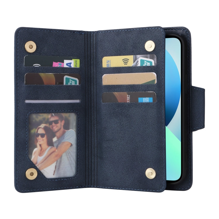 For iPhone 13 mini Rivet Buckle 9 Cards Three Fold Leather Phone Case