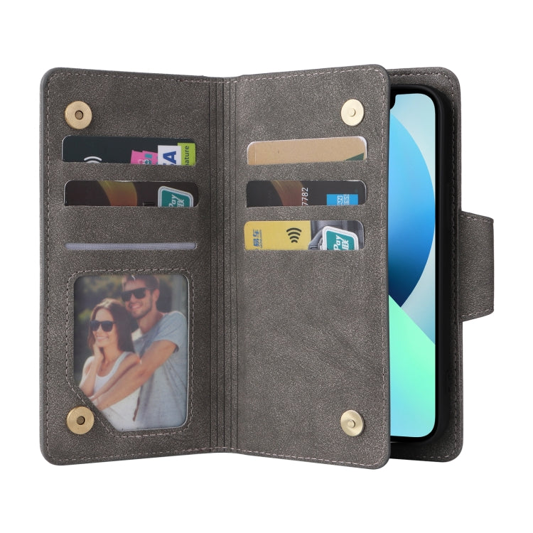 For iPhone 13 mini Rivet Buckle 9 Cards Three Fold Leather Phone Case