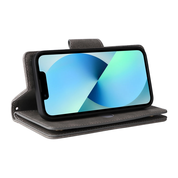 For iPhone 13 mini Rivet Buckle 9 Cards Three Fold Leather Phone Case