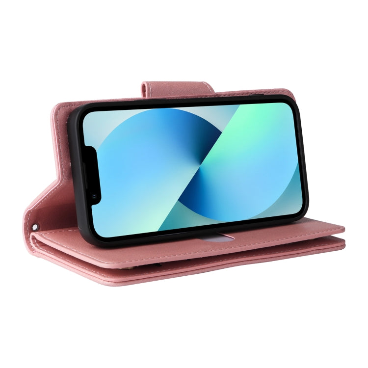 For iPhone 13 mini Rivet Buckle 9 Cards Three Fold Leather Phone Case