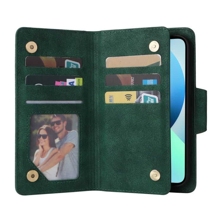 For iPhone 13 mini Rivet Buckle 9 Cards Three Fold Leather Phone Case