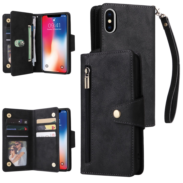 For iPhone X / XS Rivet Buckle 9 Cards Three Fold Leather Phone Case