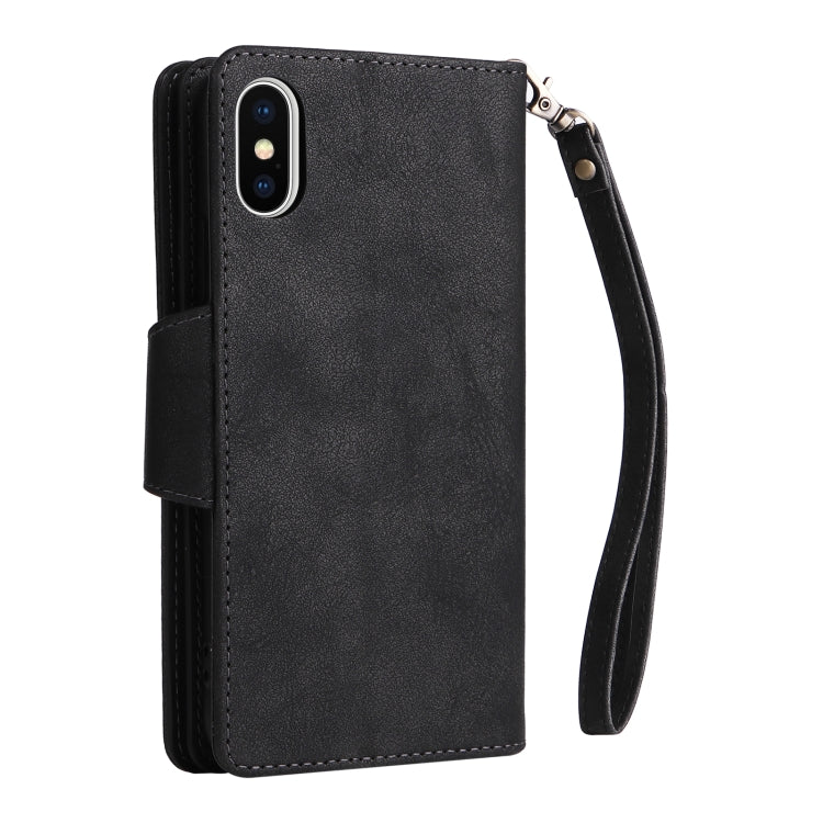 For iPhone X / XS Rivet Buckle 9 Cards Three Fold Leather Phone Case