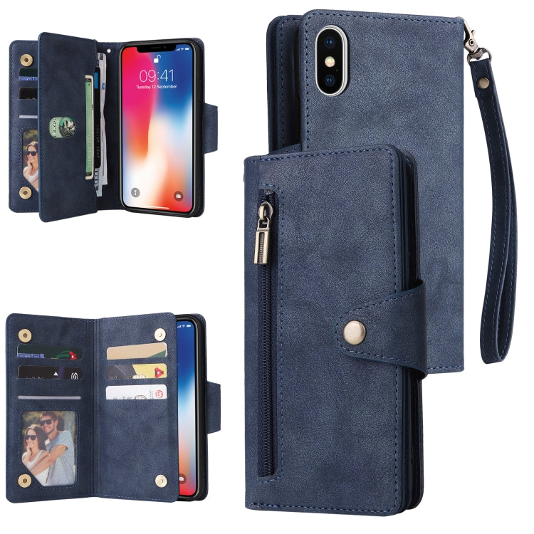 For iPhone X / XS Rivet Buckle 9 Cards Three Fold Leather Phone Case