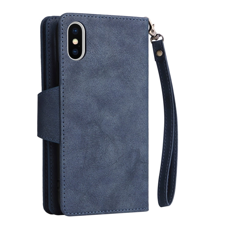 For iPhone X / XS Rivet Buckle 9 Cards Three Fold Leather Phone Case