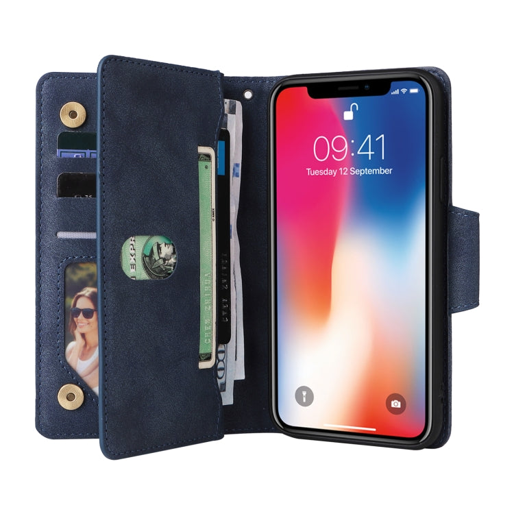 For iPhone X / XS Rivet Buckle 9 Cards Three Fold Leather Phone Case