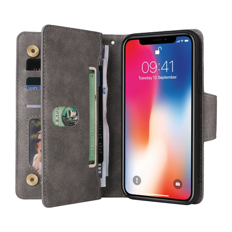 For iPhone X / XS Rivet Buckle 9 Cards Three Fold Leather Phone Case