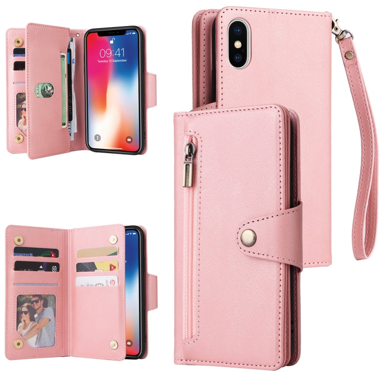For iPhone X / XS Rivet Buckle 9 Cards Three Fold Leather Phone Case