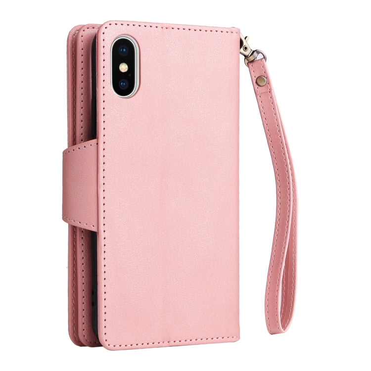 For iPhone X / XS Rivet Buckle 9 Cards Three Fold Leather Phone Case