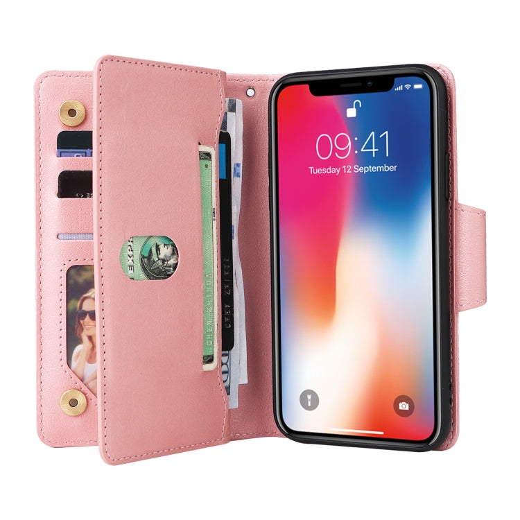 For iPhone X / XS Rivet Buckle 9 Cards Three Fold Leather Phone Case
