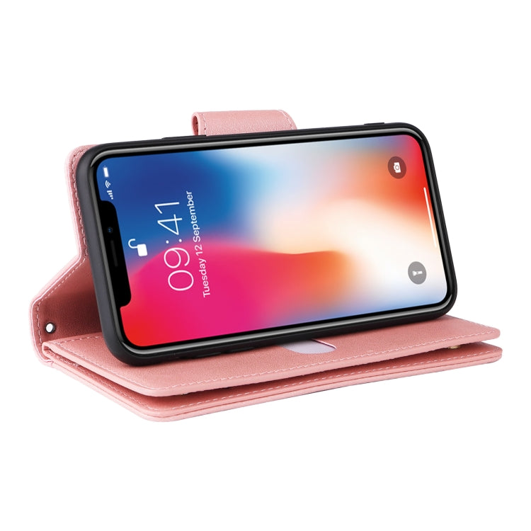 For iPhone X / XS Rivet Buckle 9 Cards Three Fold Leather Phone Case