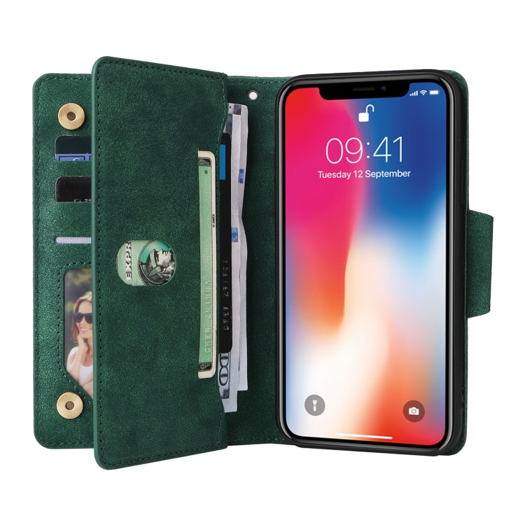 For iPhone X / XS Rivet Buckle 9 Cards Three Fold Leather Phone Case