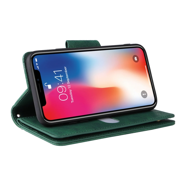 For iPhone X / XS Rivet Buckle 9 Cards Three Fold Leather Phone Case