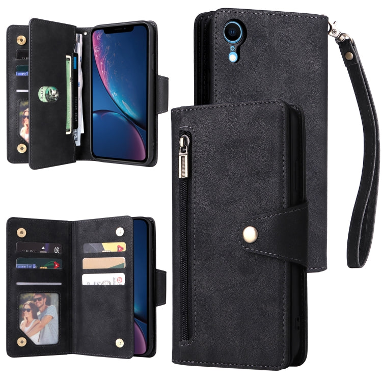 For iPhone XR Rivet Buckle 9 Cards Three Fold Leather Phone Case