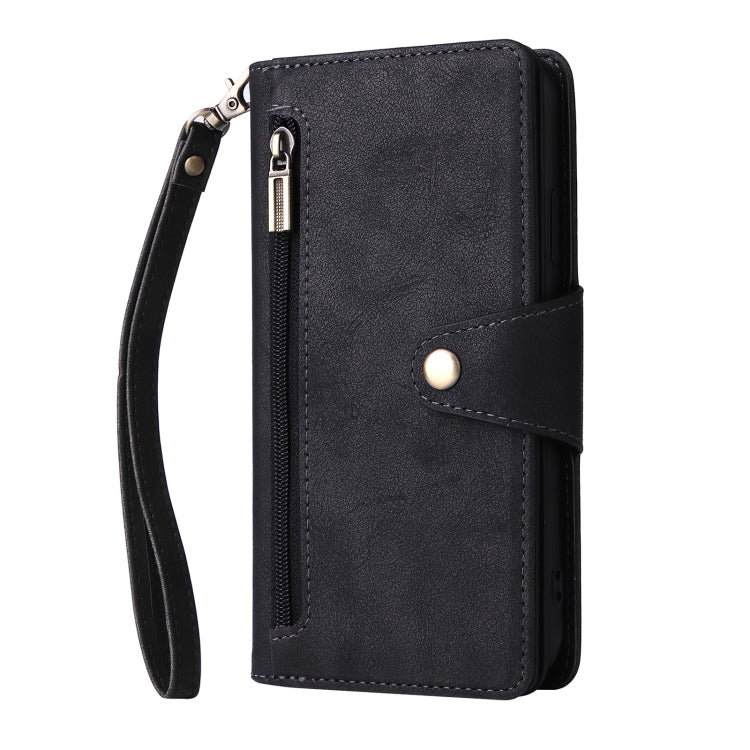 For iPhone XR Rivet Buckle 9 Cards Three Fold Leather Phone Case